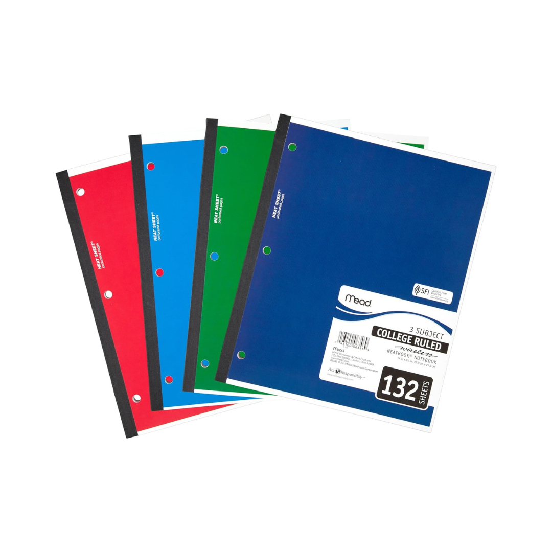MEAD CUADERNO, 3 MATERIAS, PAPEL RAYADO UNIVERSITARIO, 132 HOJAS, 11 "x 8-1/2", NEATBOOK INALAMBRICO