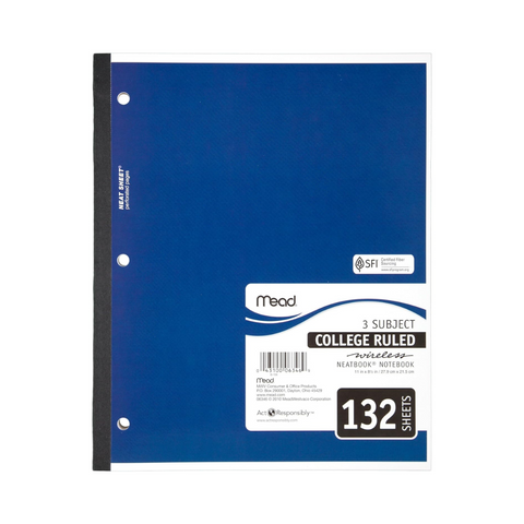 MEAD CUADERNO, 3 MATERIAS, PAPEL RAYADO UNIVERSITARIO, 132 HOJAS, 11 "x 8-1/2", NEATBOOK INALAMBRICO