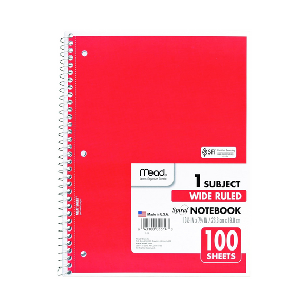 MEAD CUADERNO DE ESPIRAL, 1 MATERIA, PAPEL RAYADO ANCHO, 100 HOJAS, 10-1/2 x 8 PULGADAS