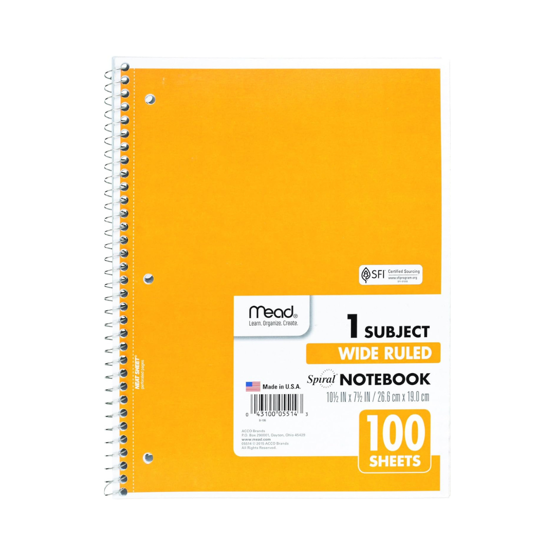 MEAD CUADERNO DE ESPIRAL, 1 MATERIA, PAPEL RAYADO ANCHO, 100 HOJAS, 10-1/2 x 8 PULGADAS
