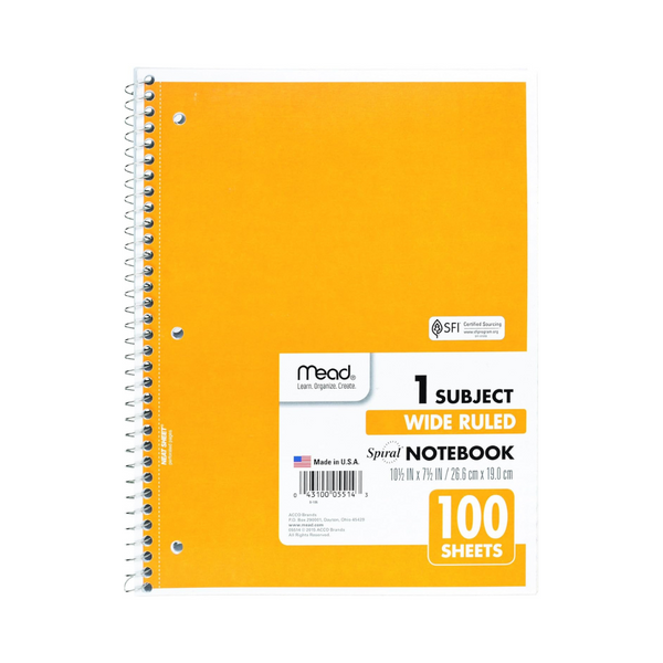 MEAD CUADERNO DE ESPIRAL, 1 MATERIA, PAPEL RAYADO ANCHO, 100 HOJAS, 10-1/2 x 8 PULGADAS